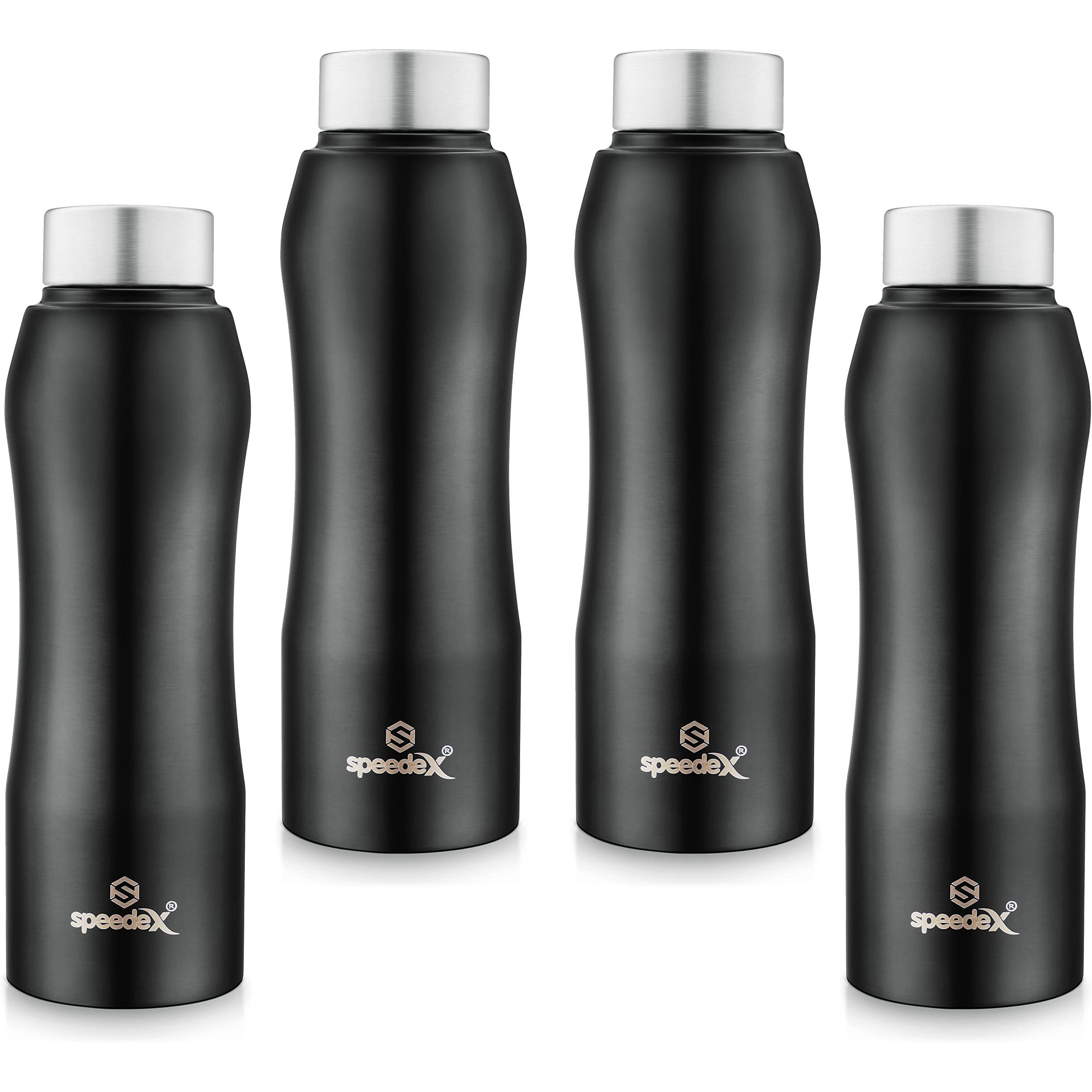 Speedex Stainless Steel Water Bottle 1 Ltr For School, Gym, Office Bottles 1 Litre For Boys, Girls, Men, Women, Kids, Fridge, Black Colour, Set Of 4, Screw Cap