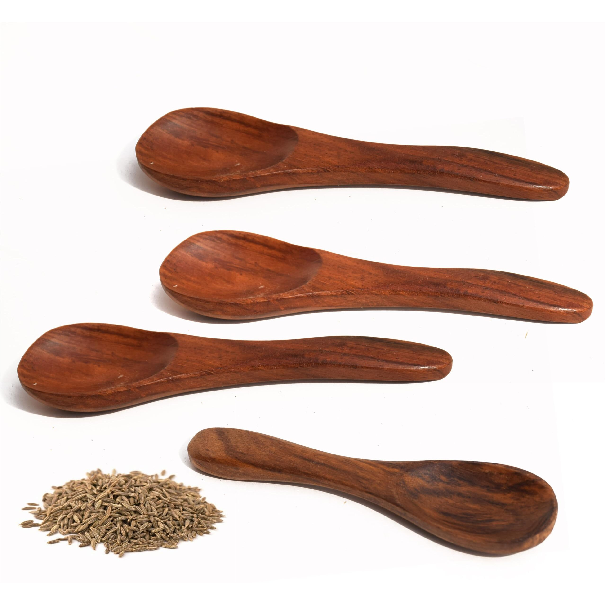 Pure Source India Wooden Masala Spoon For Small Containers, Handmade Wooden Spoon For Tea, Coffee, Sugar, Condiments & Spices, Set Of 4 (4 Inch)