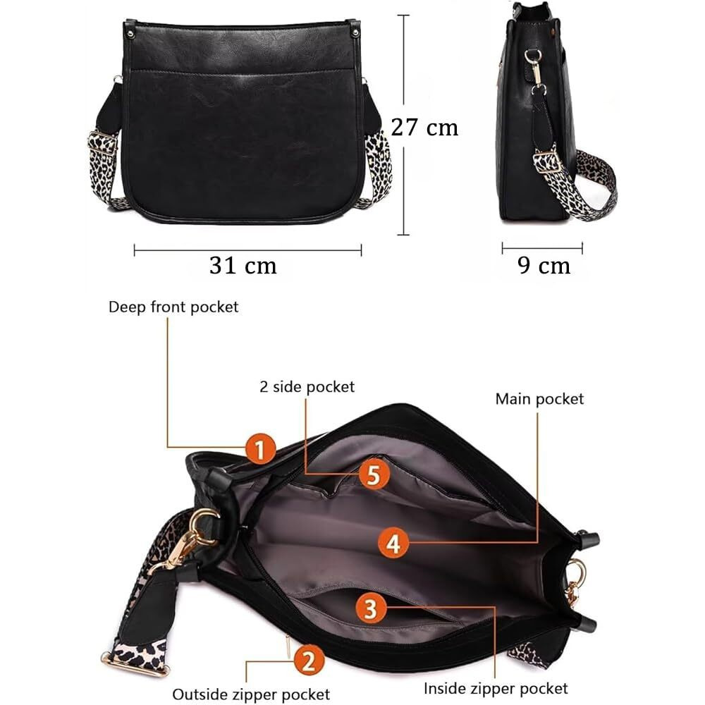 Inovera (Label) Faux Leather Women's Hobo Handbag Ladies Crossbody Shoulder Bags Purse (Black)
