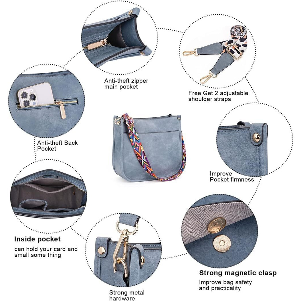 Inovera (Label) Faux Leather Women's Hobo Handbag Ladies Crossbody Shoulder Bags Purse (Light Blue)