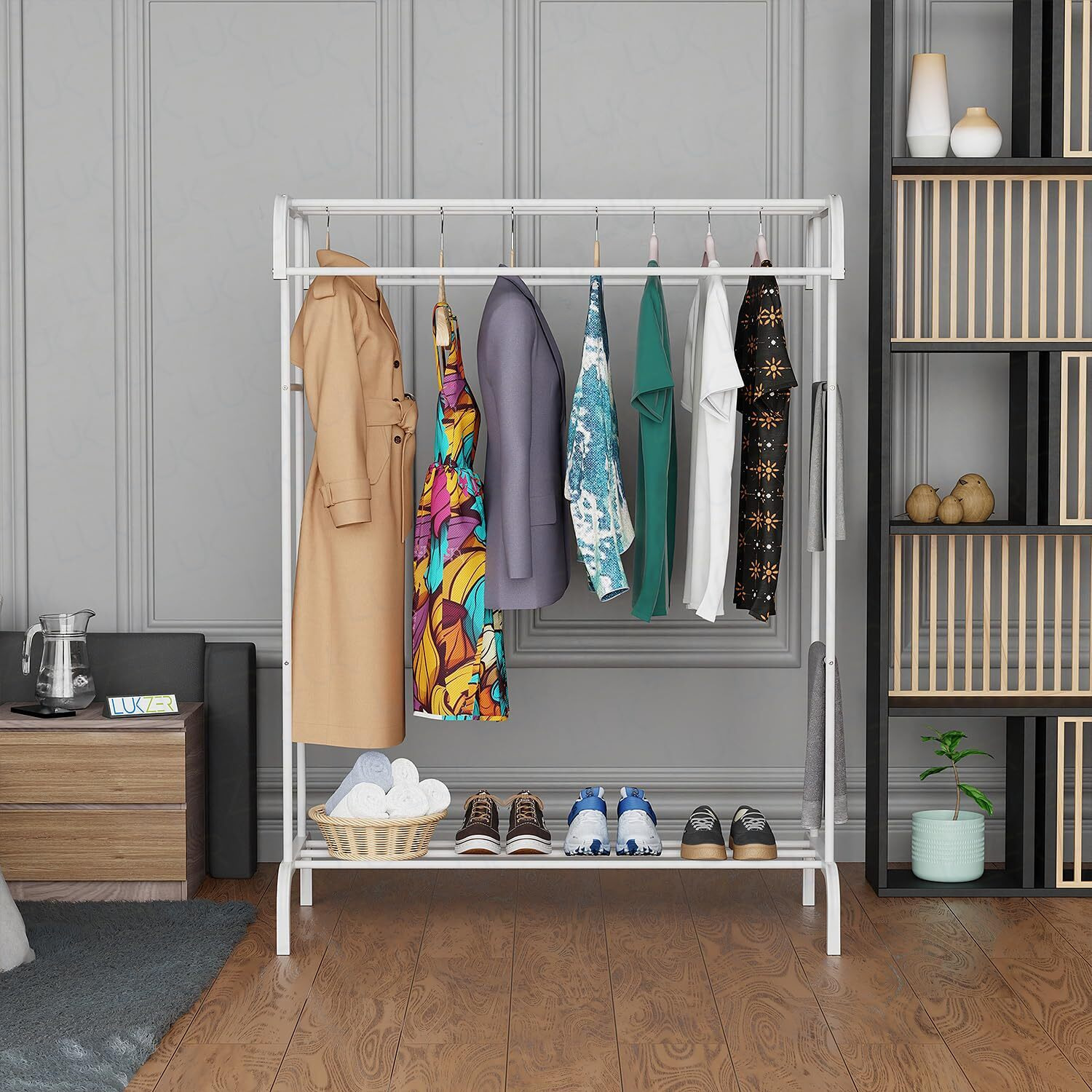 Lukzer Durable Metal Cloth Stand Double Rod Heavy-Duty Garment Rack With 2 Storage Racks Ideal For Coats, Hats, And Accessories In Hallway/Living Room (White/Mgs-004, 560 X 1080 X 1300 Mm)