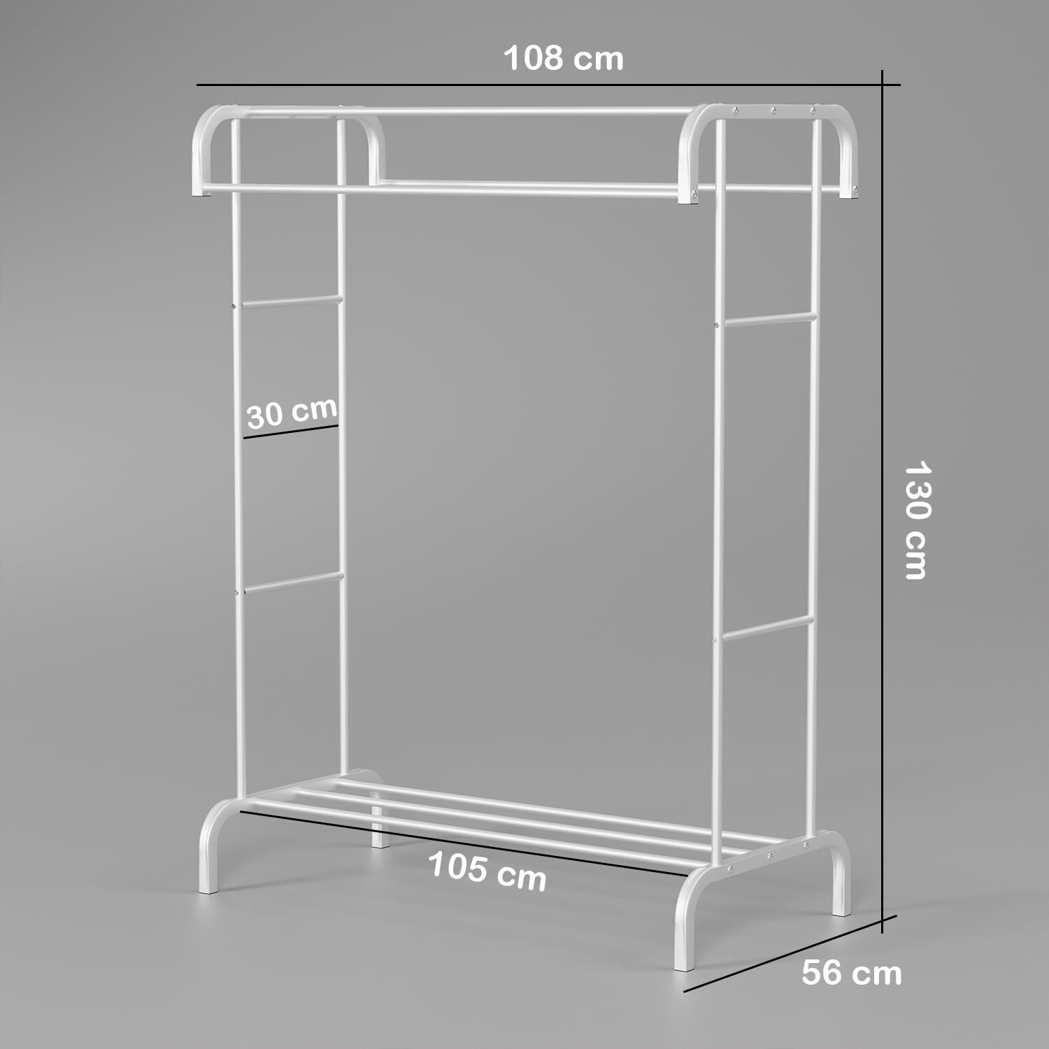 Lukzer Durable Metal Cloth Stand Double Rod Heavy-Duty Garment Rack With 2 Storage Racks Ideal For Coats, Hats, And Accessories In Hallway/Living Room (White/Mgs-004, 560 X 1080 X 1300 Mm)