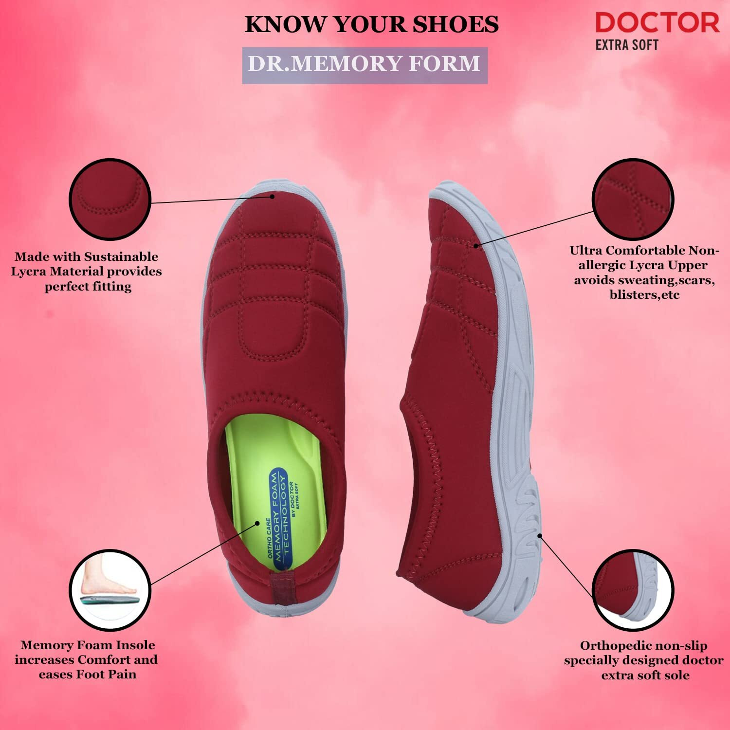 Doctor Extra Soft Memory Foam Women's Casual Shoes Shoes For Walking Gym Training,Casual, Sports,Slip-On,Lightweight Lace Up Athletics Slipon Running Sneaker For Ladies And Girls Maroon, Size_9
