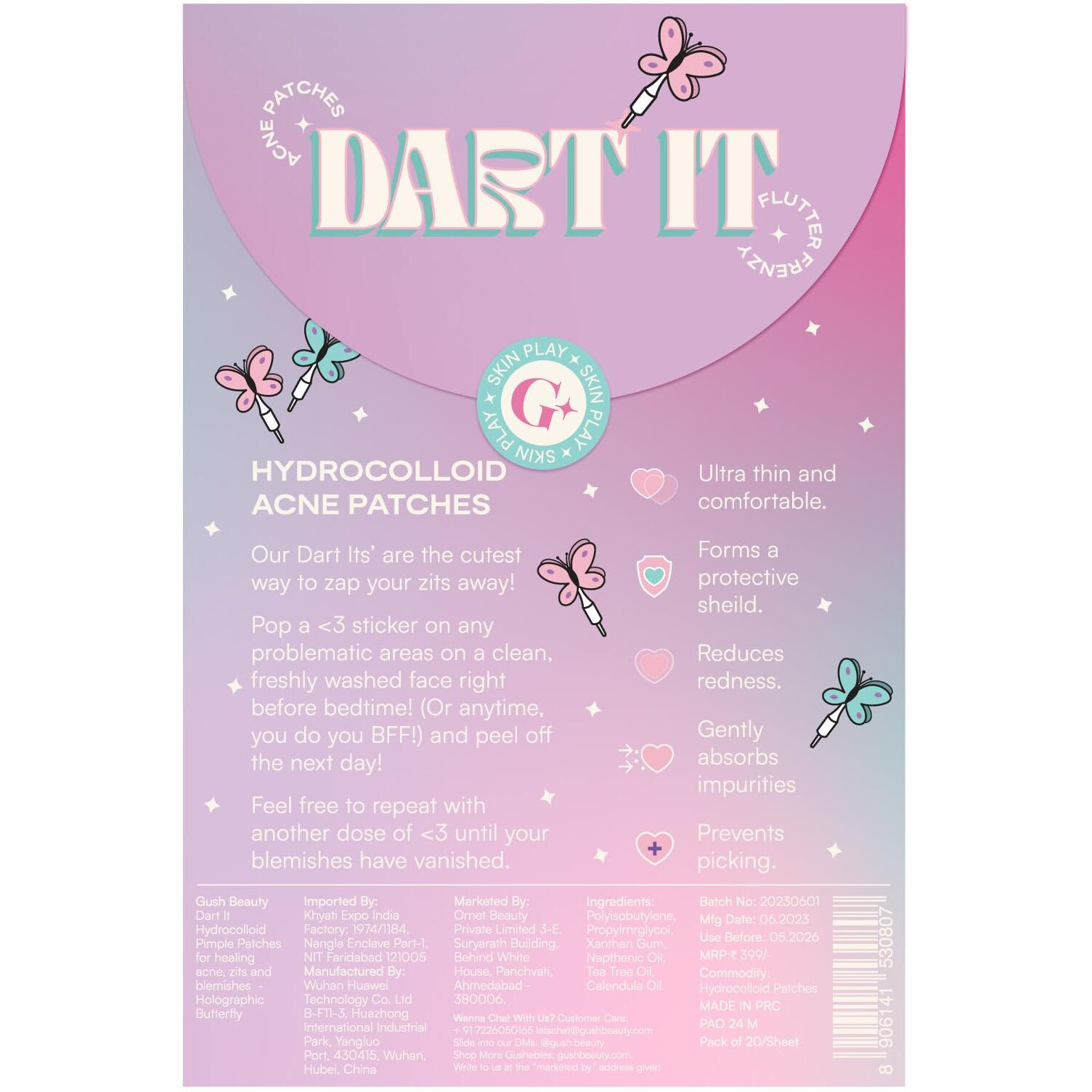 Gush Beauty Acne Pimple Patch | 20 Hydrocolloid Patches With Tea Tree Oil | For Active Surface Acne | Reduces Acne, Pimples & Excess Oil Overnight | (Holographic Butterfly, Pack Of 2)