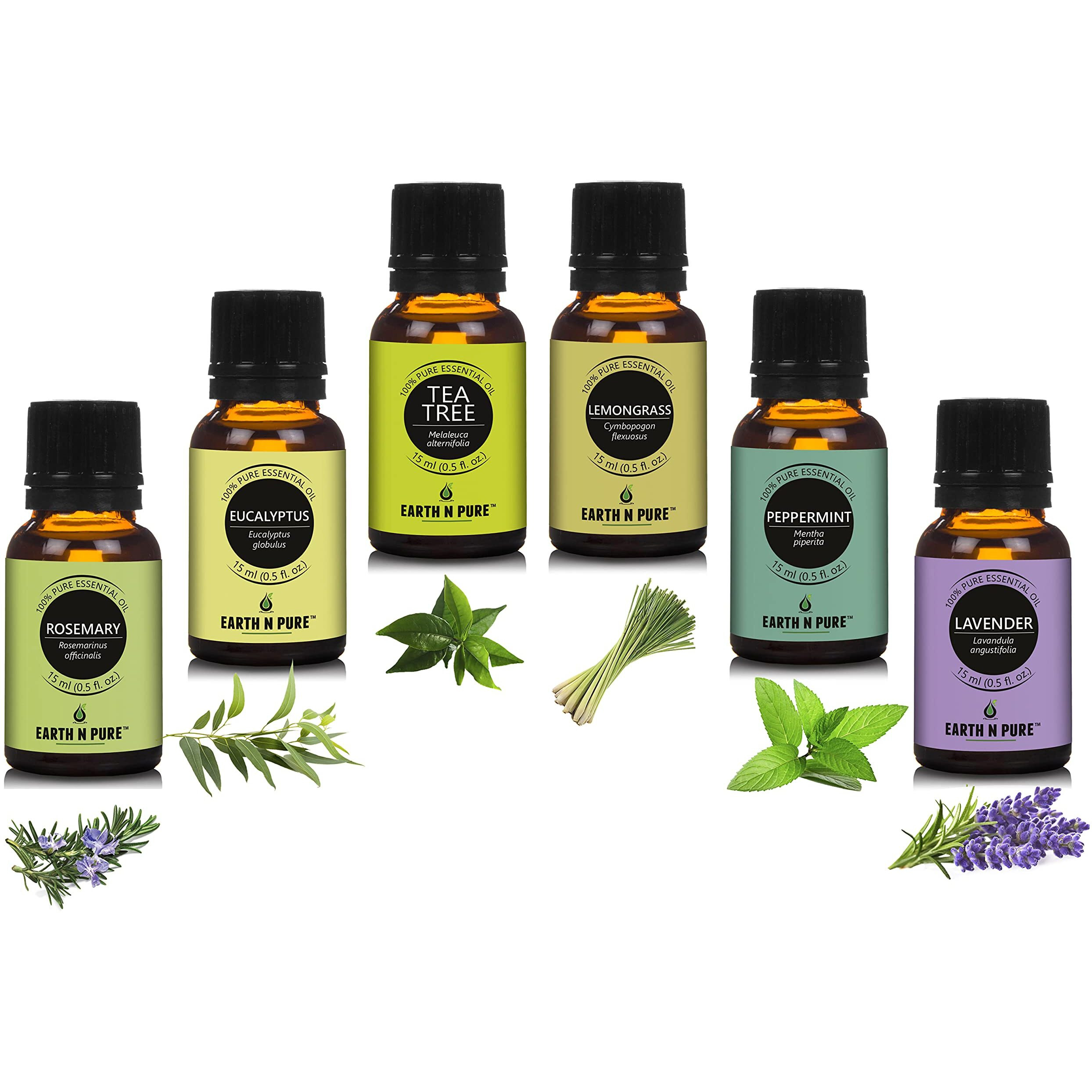 Earth N Pure Essential Oil Pack Of 6 (Rosemary, Eucalyptus, Tea Tree, Lemongrass, Pipperment & Lavender) 15 Ml Each.
