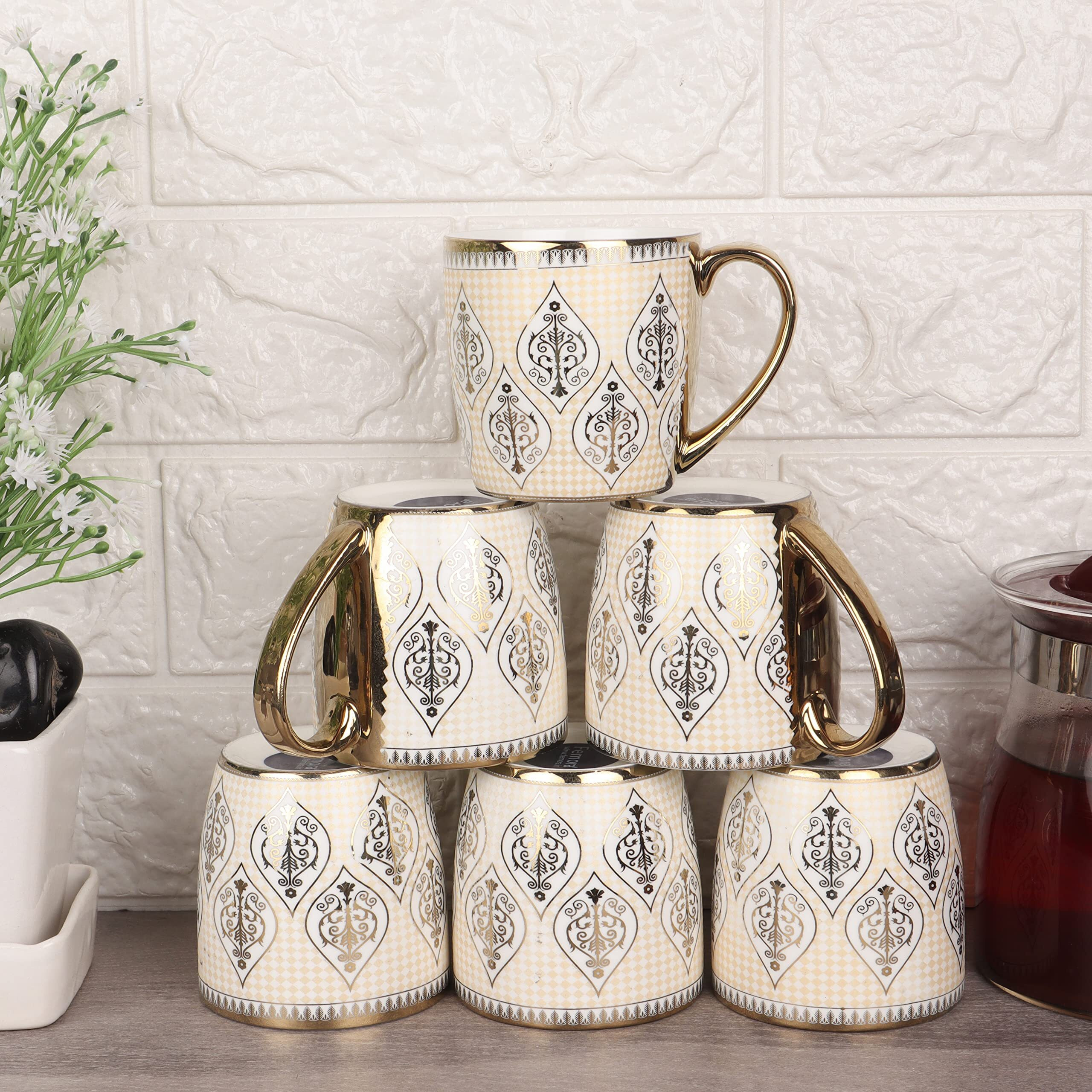 Femora Indian Ceramic Golden Line Tea Cup, Coffee Cup - 6 Pcs, 190 Ml (Not Microwave Safe)