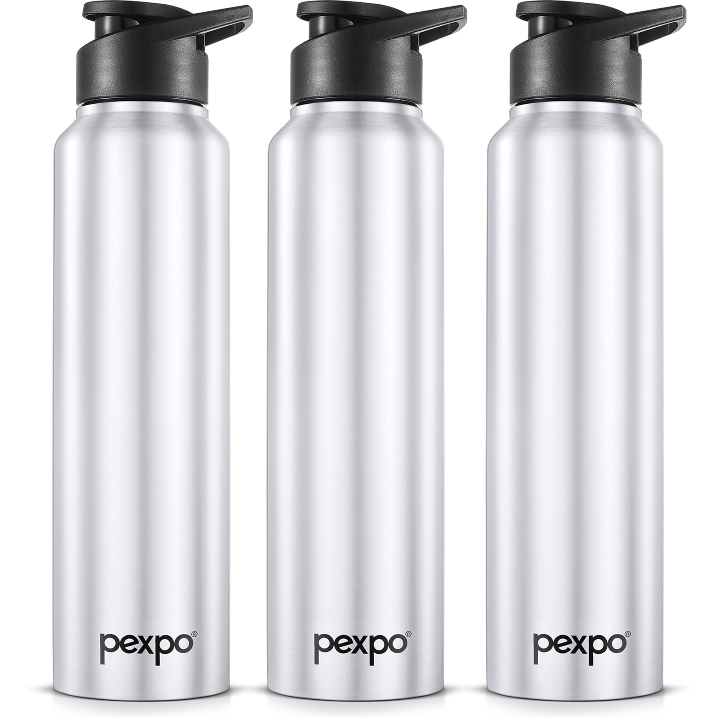 Pexpo Chromo Stainless Steel Sports/Fridge Sipper Water Bottle 1 Litre, Silver Pack Of 3 | Eco Friendly | Bpa Free | Water Bottle For Office, Gym, School, Yoga, Trekking, Men, Women And Kids