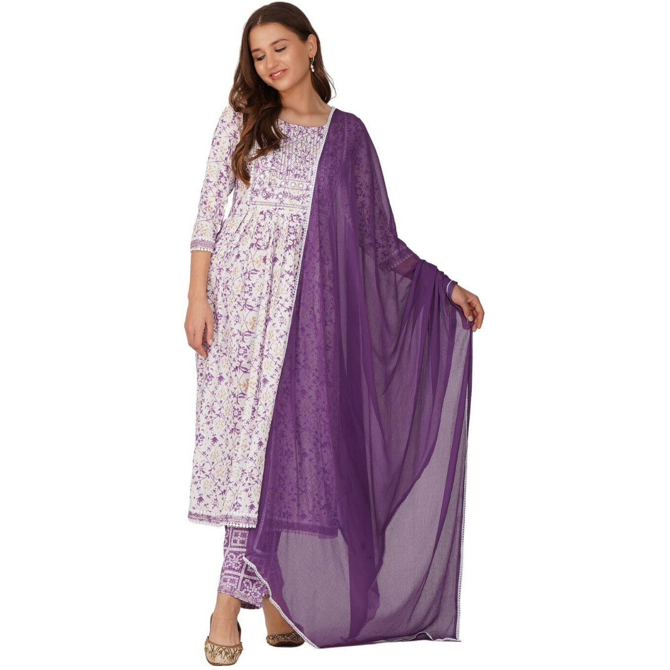 Amayra Rayon Women's Nayra Cut Embroidered Kurta With Pant And Dupatta Set(Purple,Tck485,Small)