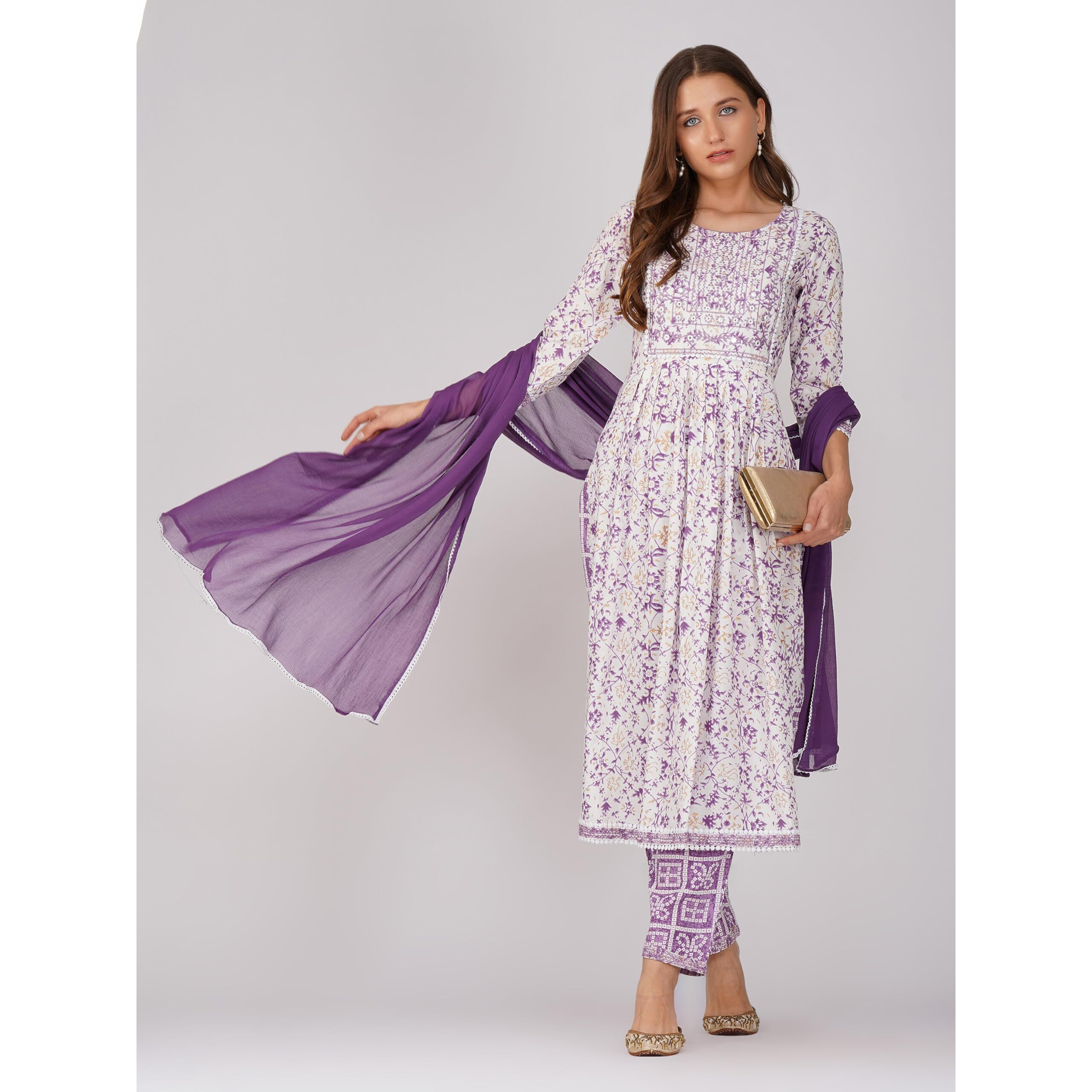 Amayra Rayon Women's Nayra Cut Embroidered Kurta With Pant And Dupatta Set(Purple,Tck485,Small)