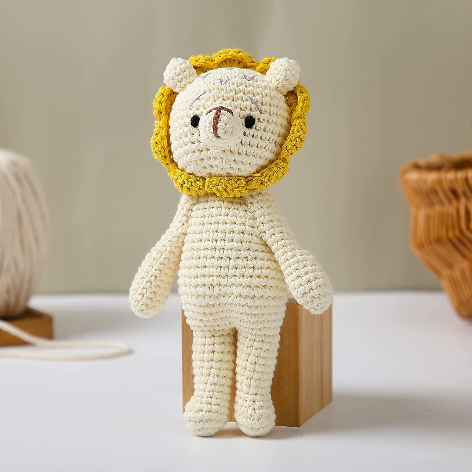 Sycamore East Wooden Baby Lion Rattle & Crochet Doll Plush Elephant Stuffed Animals Toy For Newborn | 100% Handmade Infant Soothe Toys For Sensory And Early Grips Development Gifts 1 Pc