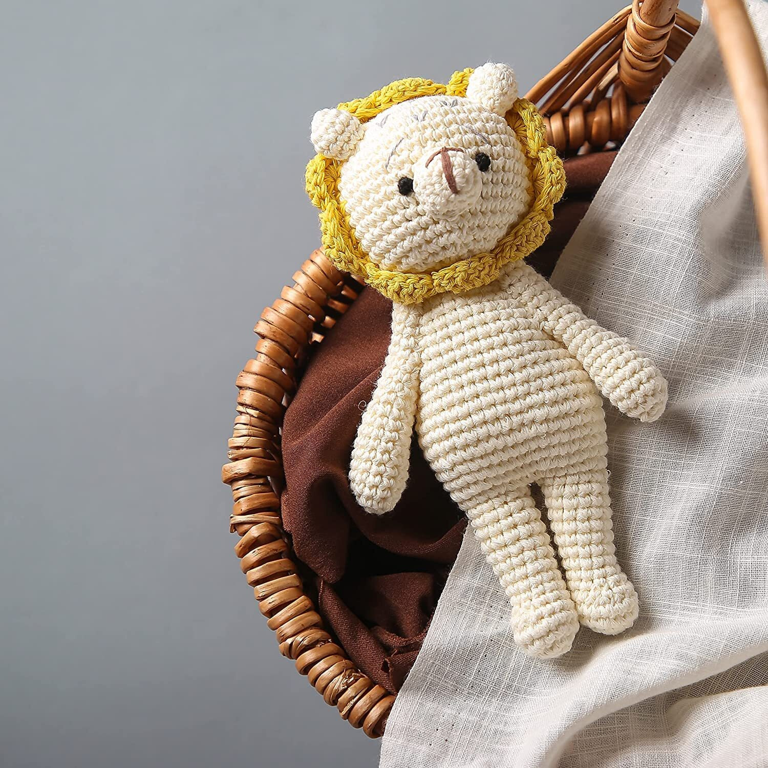 Sycamore East Wooden Baby Lion Rattle & Crochet Doll Plush Elephant Stuffed Animals Toy For Newborn | 100% Handmade Infant Soothe Toys For Sensory And Early Grips Development Gifts 1 Pc
