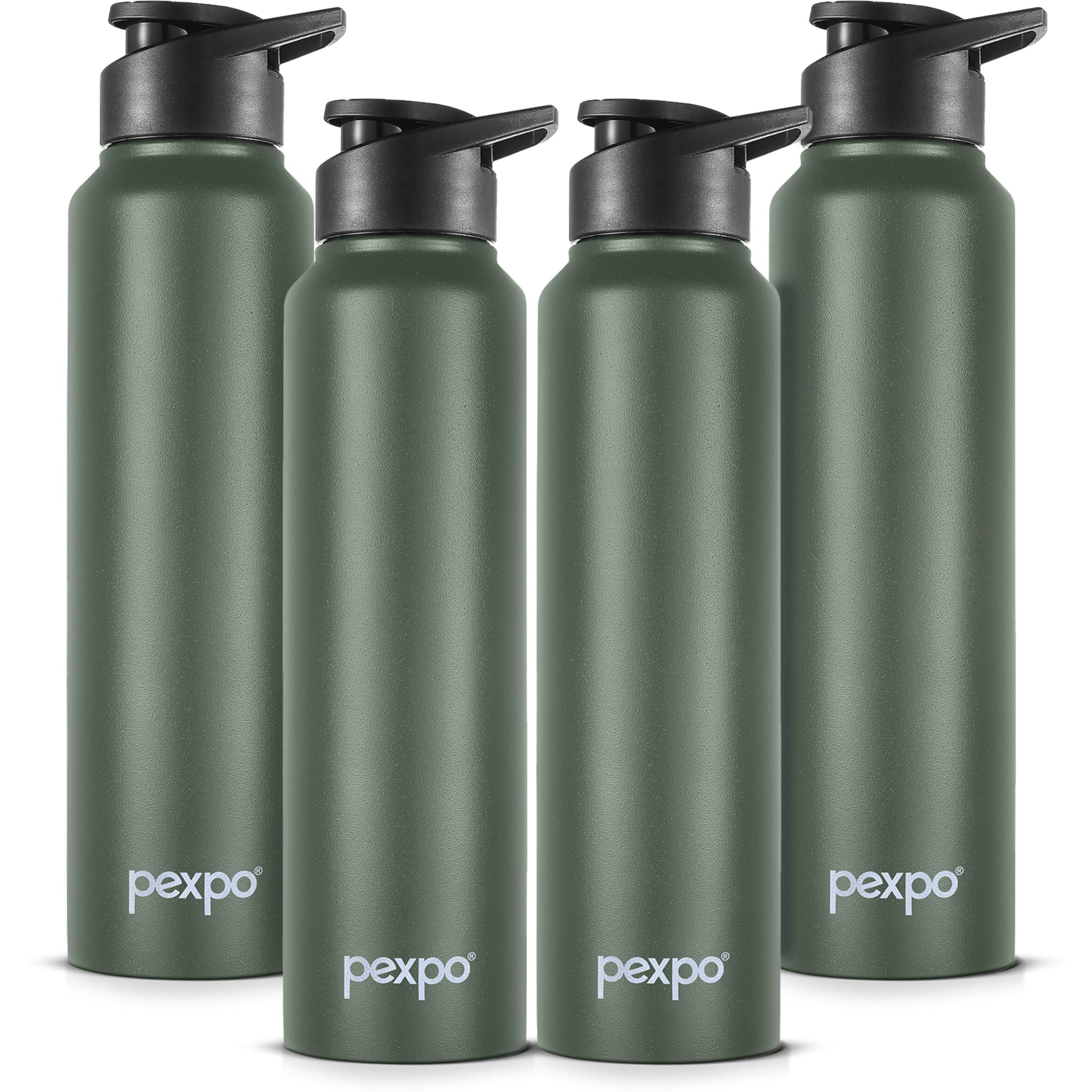 Pexpo Chromo Stainless Steel Sports/Fridge Sipper Water Bottle 1 Litre, Military Green Pack Of 4 | Eco Friendly | Bpa Free | Water Bottle For Office, Gym, School, Yoga, Trekking, Men, Women And Kids