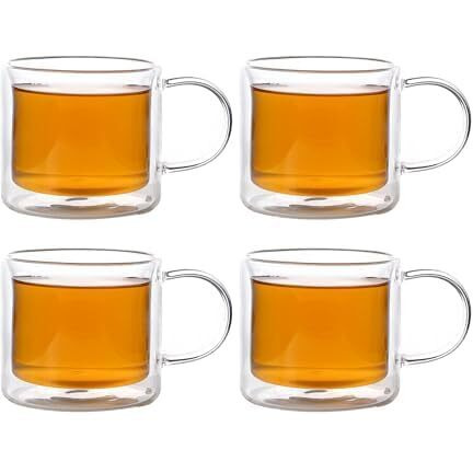 Femora Double Wall Coffee Mug 280Ml (8 Ounces), Clear Glass With Handle, Insulated Cappuccino, Tea, Latte Cup - Heat Resistant (Pack Of 4)