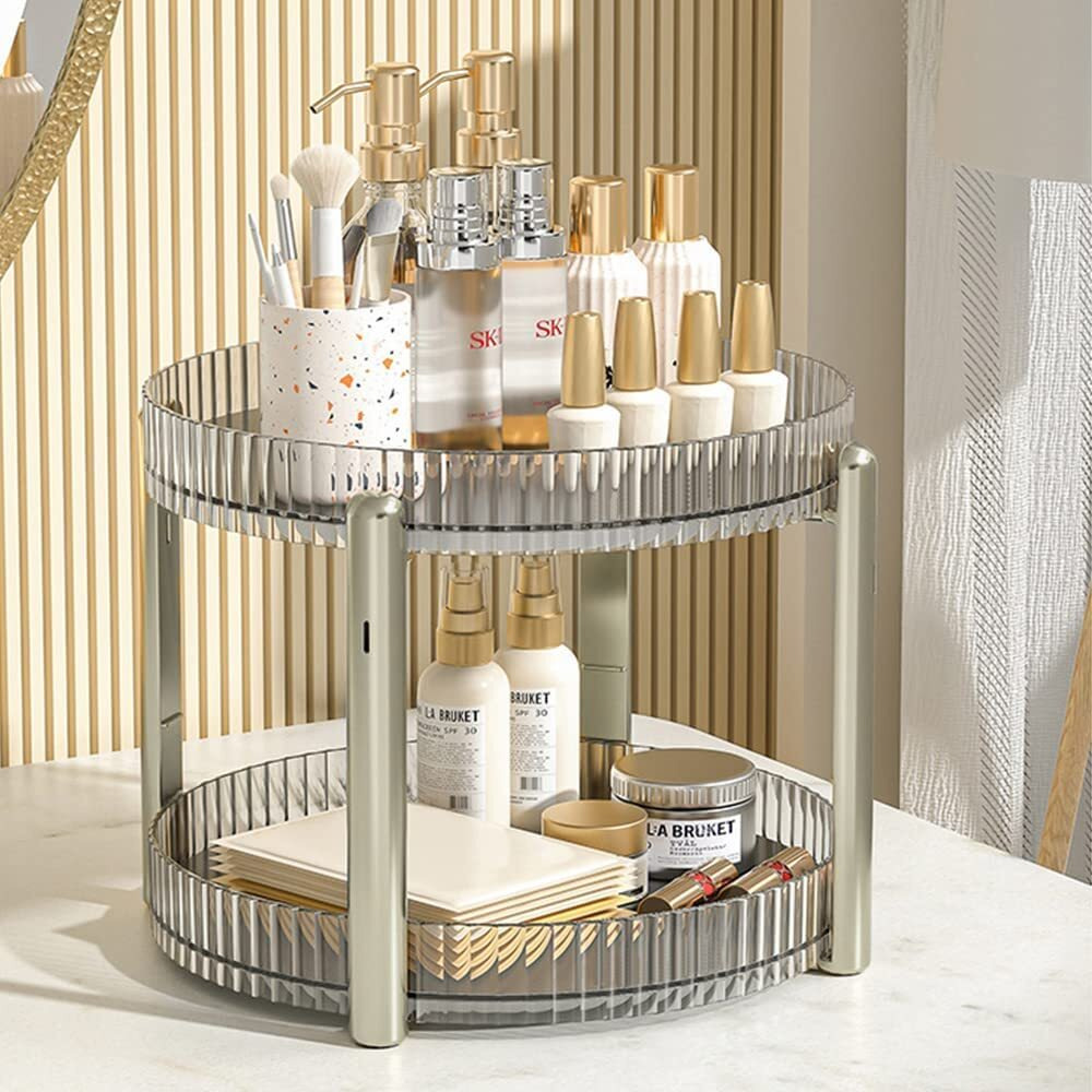 House Of Quirk Turntable Cabinet Organizer,Rotating Storage Spinner Kitchen Food Spices Rack Storage For Pantry,Fridge,Countertops,Bathroom Vanity Makeup Organizer (Silver, 2-Tier)
