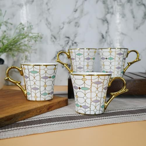 Femora Premium Purple Gold Vein Design Ceramic Coffee & Tea Cup Set Of 4, 160 Ml