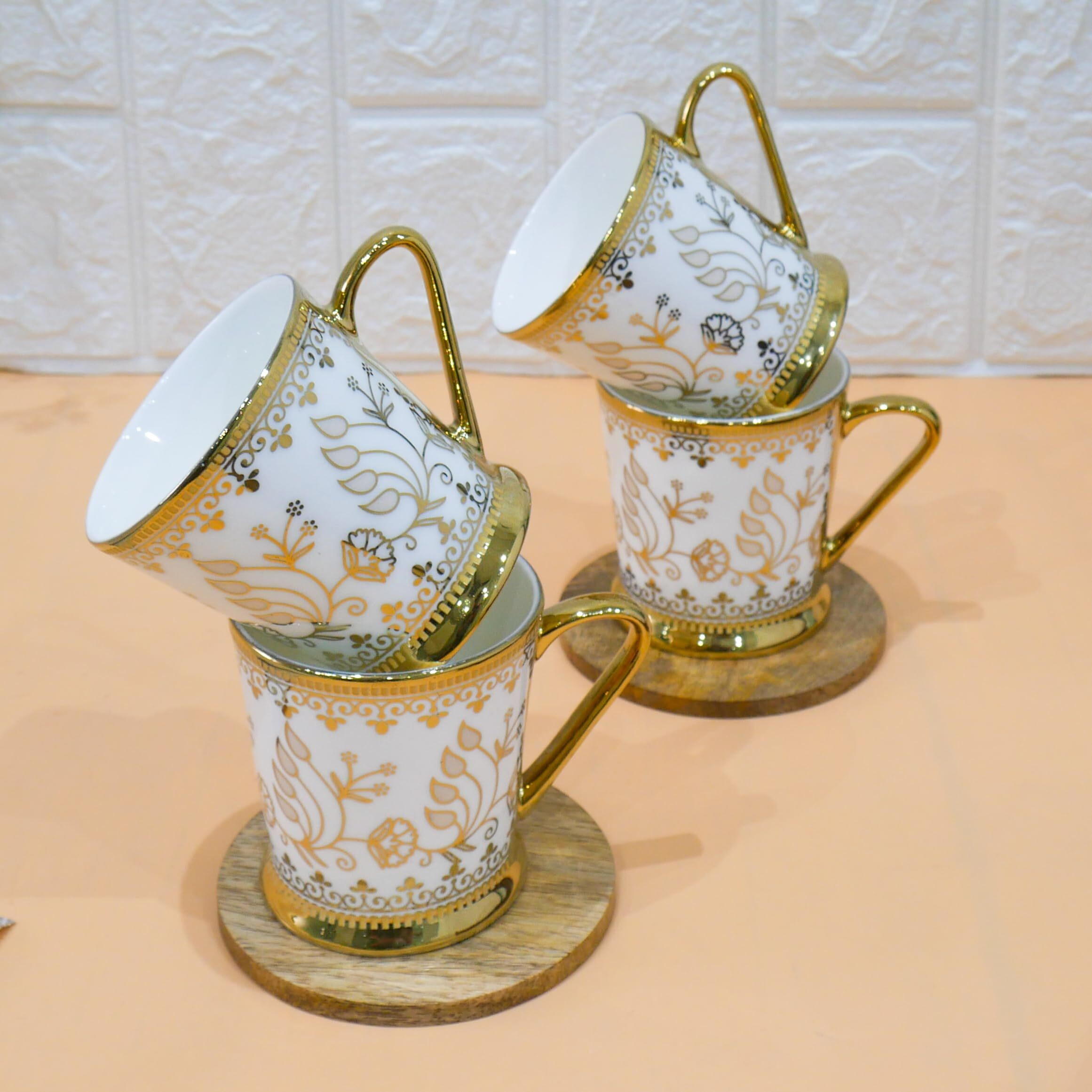 Femora Premium Golden Leaf Ceramic Royal Crowned Coffee & Tea Cup Set Of 4, 180 Ml