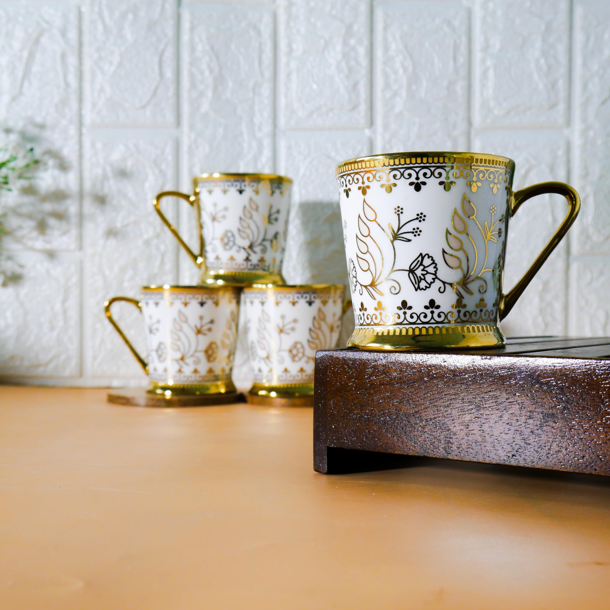 Femora Premium Golden Leaf Ceramic Royal Crowned Coffee & Tea Cup Set Of 4, 180 Ml