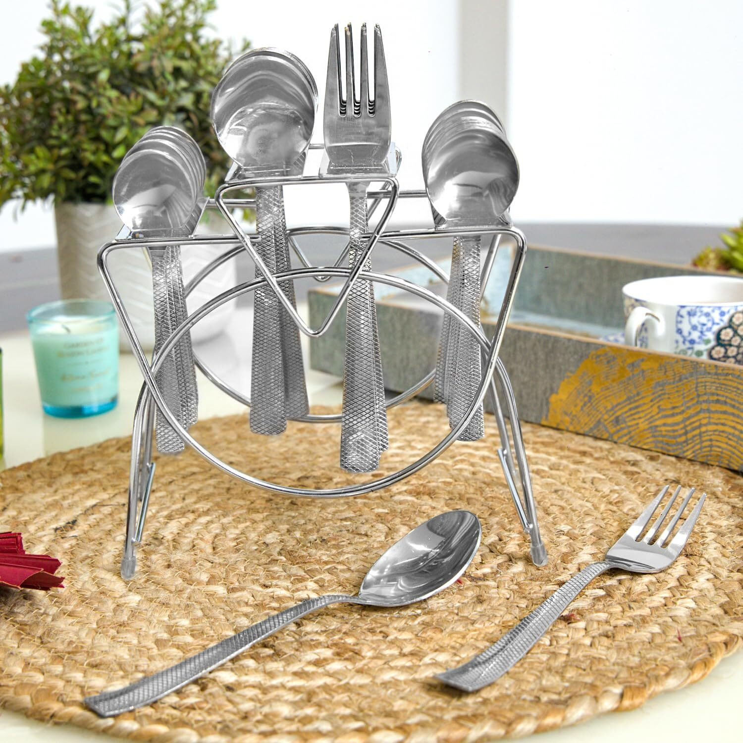 Parage 25 Pieces Artic Premium Stainless Steel Cutlery Set For Home & Kitchen (Contains 6 Table Spoons, 6 Forks, 6 Tea Spoons, 6 Dinner Spoons, 1 Ss Stand), Spoon Set For Dining Table Stylish, Silver