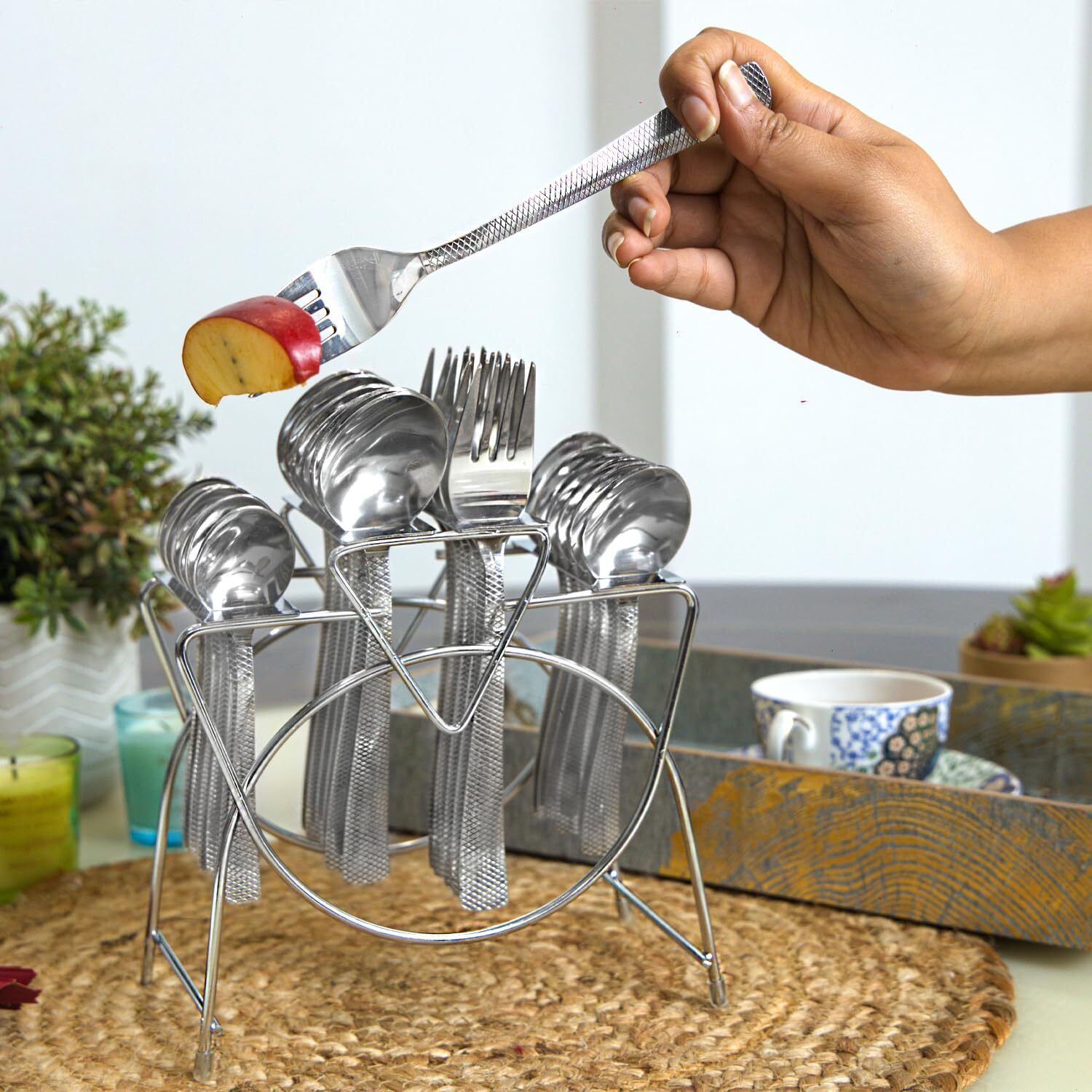 Parage 25 Pieces Artic Premium Stainless Steel Cutlery Set For Home & Kitchen (Contains 6 Table Spoons, 6 Forks, 6 Tea Spoons, 6 Dinner Spoons, 1 Ss Stand), Spoon Set For Dining Table Stylish, Silver