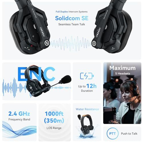 Hollyland Solidcom Se Full Duplex 4-Users Enc Noise Cancellation Wireless Intercom Headset System 1100Ft Team Communication With Ptt Mute Single Ear Headset For Tv Film Production (4 Sets)