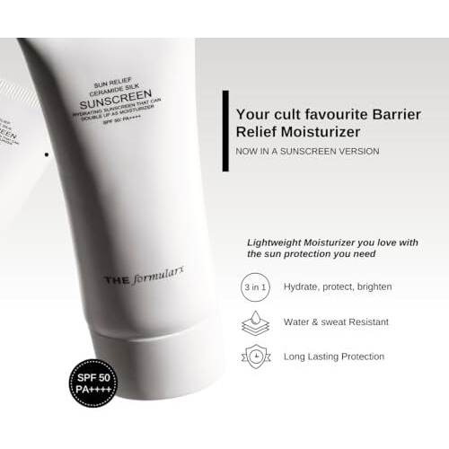 The Formularx Sun Relief Ceramide Sunscreen Spf 50 Pa++++ | Broad Spectrum Uv & Blue Light Protection | For Oily, Acne Prone, Sensitive Skin | Brightening Barrier Care With Niacinamide, Hyaluronic Acid, & Peptides | Lightweight, No White Cast | Water & Sweat Resistant | Men & Women | 50G