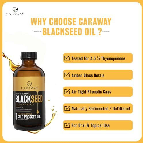 Caraway Organic Blackseed Oil (Kalonji Oil) Cold Pressed - 118 Ml / 4 Oz | Certified Organic Cold Pressed Kalonji Oil For Hair Growth, Drink And Skin Care | Immunity Booster | Edible Grade