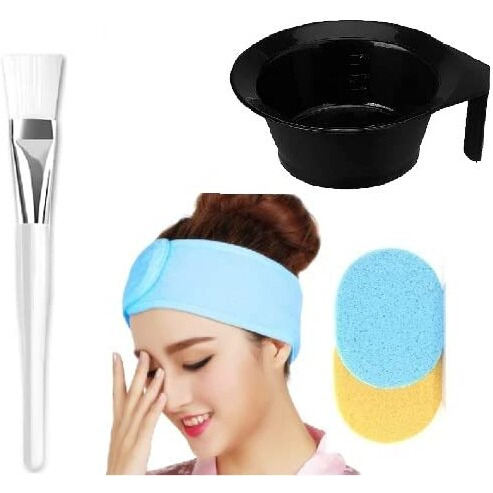 Siopaworld Face Mask Applying Brush, Facial Headband, Face Cleaning Sponges, Facial Applicator Bowl With Handle, Makeup Remover Cosmetic Puff Women Beauty Professional Salon Spa Head Wrap Combo (5Pcs)