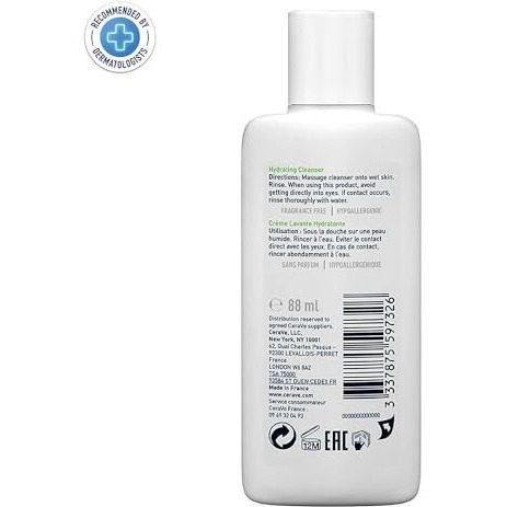 Cerave Hydrating Cleanser For Normal To Dry Skin (88Ml) - Non-Foaming Face Wash With Hyaluronic Acid And Ceramides | Non-Comedogenic, Non-Irritating And Fragrance-Free Cleanser