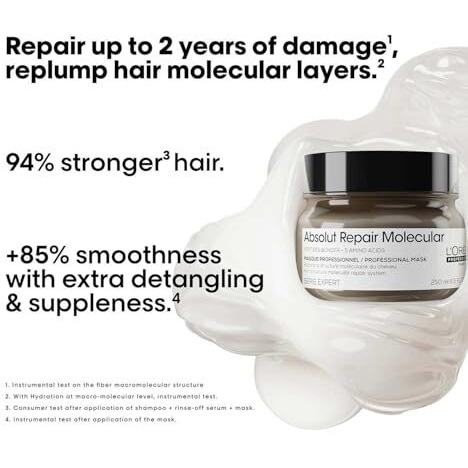 Loreal Professionnel Absolut Repair Molecular Deep Repairing Rinse-Off Cream Mask For Damaged Hair - 250 Ml | Repairs Very Damaged Hair And Restores Strength With 2% Peptides Bonder & 5 Amino Acids