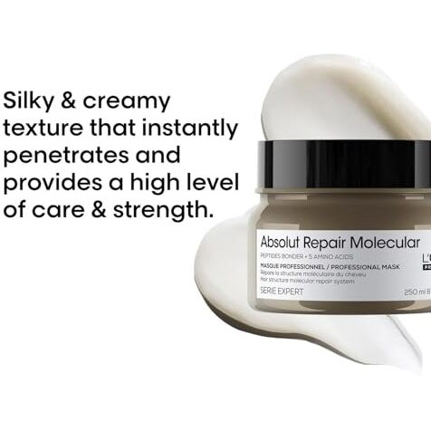 Loreal Professionnel Absolut Repair Molecular Deep Repairing Rinse-Off Cream Mask For Damaged Hair - 250 Ml | Repairs Very Damaged Hair And Restores Strength With 2% Peptides Bonder & 5 Amino Acids