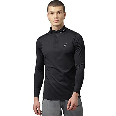 Aticx MenS Slim Fit Polyester Full Sleeve T Shirt - Compression Tight Top Base Layer With Zip For Gym, Cycling, Running (Jet Black_M)