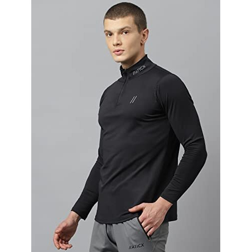 Aticx MenS Slim Fit Polyester Full Sleeve T Shirt - Compression Tight Top Base Layer With Zip For Gym, Cycling, Running (Jet Black_M)