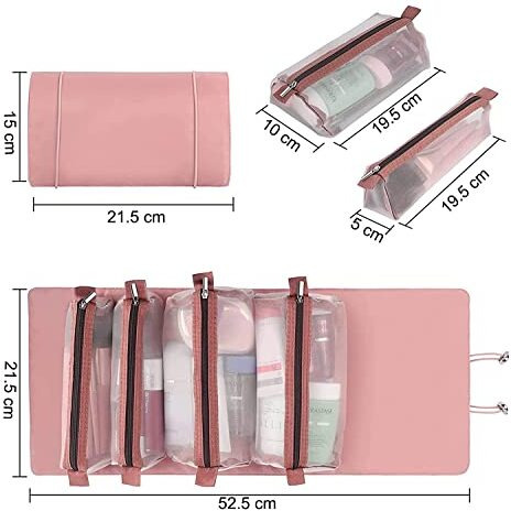 Ambiger Makeup Pouch For Women | Roll Up Makeup Hanging Bag | Folding Travel Toiletry Bag With 4 Compartments | Detachable Cosmetic Organizer (Pink)