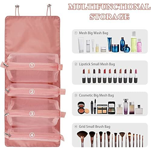 Ambiger Makeup Pouch For Women | Roll Up Makeup Hanging Bag | Folding Travel Toiletry Bag With 4 Compartments | Detachable Cosmetic Organizer (Pink)