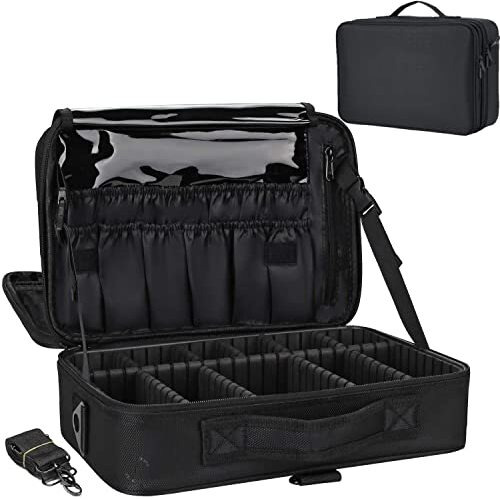 Lacopine Portable 29 Cms Cosmetic Organizer With Shoulder Straps Multi Functional Cosmetic Bag Makeup Handbag For Travel & Home Gift (Black)