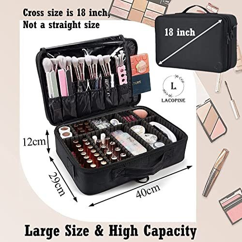 Lacopine Portable 29 Cms Cosmetic Organizer With Shoulder Straps Multi Functional Cosmetic Bag Makeup Handbag For Travel & Home Gift (Black)