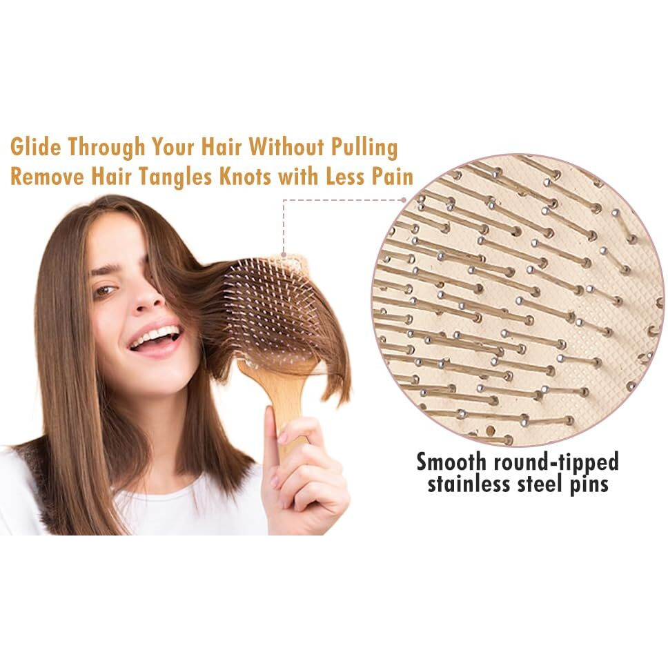 Luvina Bamboo Hair Brush With Steel Bristles, Bamboo Wooden Hair Brush For Women & Men Natural Bamboo Wood Comb For Massaging Scalp, Paddle Hair Brush For Women (Bamboo Square Steel Bristles)