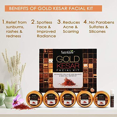 Nutriglow Gold Kesar Facial Kit For Women| 6-Piece Skin Care/Skin Cleanup Set | Targets Signs Of Aging | 250G + 10Ml