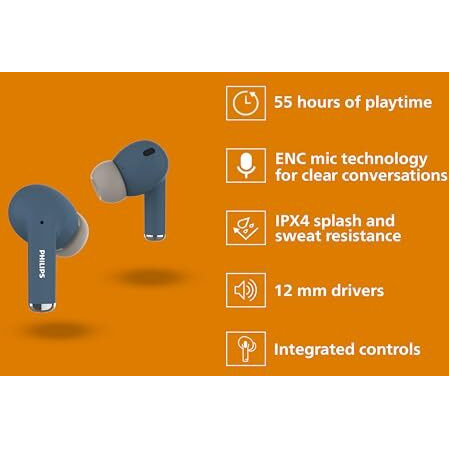 Philips Audio Tat1169Bl/94 True Wireless In Ear Earbuds With Pocket Sized Charging Case, Play Time Upto 55Hrs, 12Mm Dynamic Drivers, Inbuilt Mic, Ipx4 Splash & Sweat Resistant (Blue)