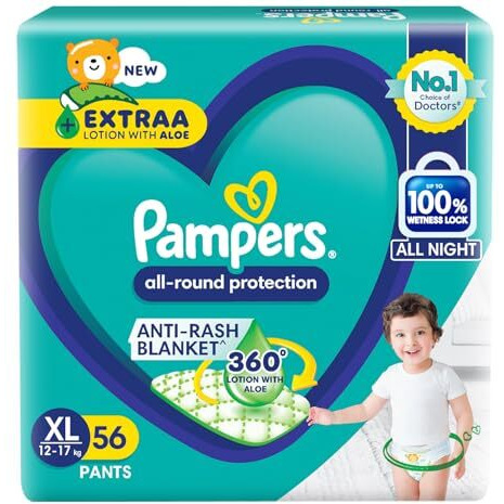 Pampers All Round Protection Pants Style Baby Diapers, Extra Large Size (Xl) 56 Count, 12-17Kg, Anti-Rash Blanket, 360 Degree Lotion With Aloe Vera