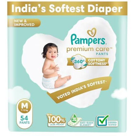 Pampers Premium Care Pant Style Baby Diapers | Medium (M Size) | 54 Count | Voted India's Softest | All-In-1 With 360 Cottony Softness Diapers | 7-12Kg