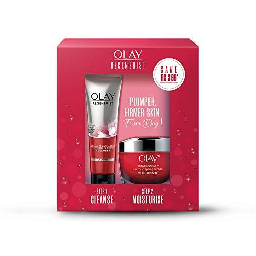 Olay Regenerist Giftpack - Day Cream 50G + Cleanser 100G | Hydrated, Plump, Bouncy Skin | With Hyaluronic Acid, Niacinamide And Peptides | Normal, Oily, Dry, Combination Skin | Pack Of 2