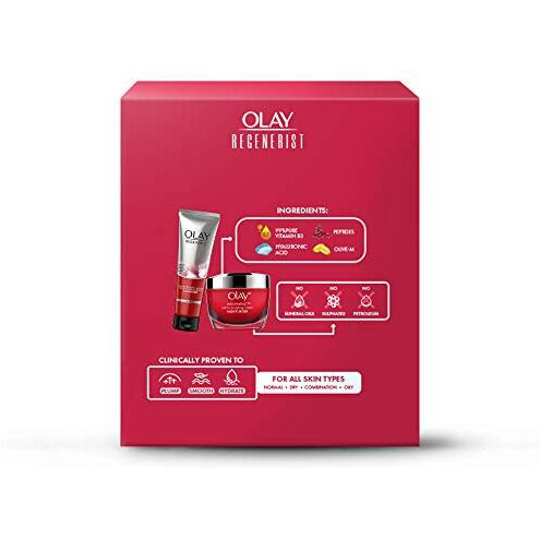 Olay Regenerist Giftpack - Day Cream 50G + Cleanser 100G | Hydrated, Plump, Bouncy Skin | With Hyaluronic Acid, Niacinamide And Peptides | Normal, Oily, Dry, Combination Skin | Pack Of 2