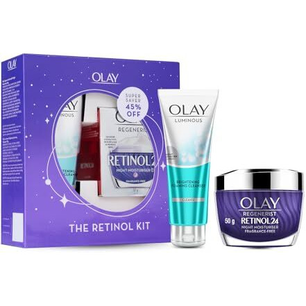 Olay Retinol Kit For Overnight Repair|Retinol Cream With Free Cleanser|Plumper, Younger Looking Skin|24H Hydration|Fragrance Free|Normal, Oily, Dry,Combination Skin|Paraben & Sulphate Free|Pack Of 2