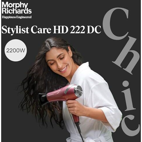 Morphy Richards Stylist Care Hd222Dc Professional Hair Dryer With Diffuser,Removable Concentrator,3Speed 2Heat Setting,Cool Air Mode,2Yr Warranty,Wine Red And Silver Chrome,2200 Watts|Gift For Him Her