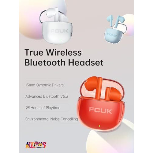 Fcuk Kicks True Wireless Earbuds, Multi Device Connectivity, Type C Charging, Ai-Enc For Call Clarity, Orange - Bluetooth Earbud Tws T01C - In Ear
