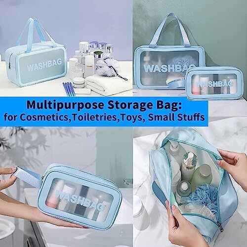 Stay Lippy Wash Bag Pouch For Travel Kit Toiletry Bag Cosmetic Bag Make Up Box For Brushes,Accessories With Handle,Large Capacity Translucent Waterproof Travel Storage Organizerset Of 3(Sky Blue)