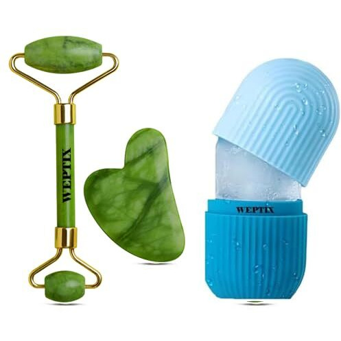 Weptix 3D Manual Roller Face Body Massager With And Anti Aging 100% Natural Jade Stone Roller Msagger With Gua Sha Tools For Face And Body Massager- (New Blue+Stone)