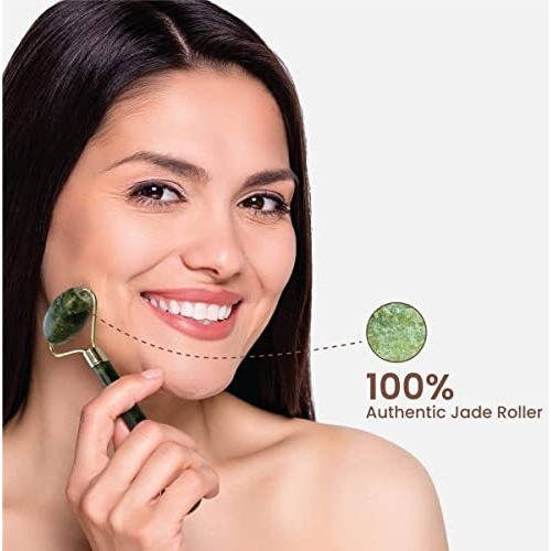 Weptix 3D Manual Roller Face Body Massager With And Anti Aging 100% Natural Jade Stone Roller Msagger With Gua Sha Tools For Face And Body Massager- (New Blue+Stone)