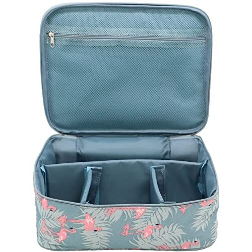 Skyfun (Label) Portable Makeup Train Case Travel Cosmetic Storage Double Zipper Pouch Bag Kit With Removable Partitions And Handle- For Women-Blue Color Flamingo Design